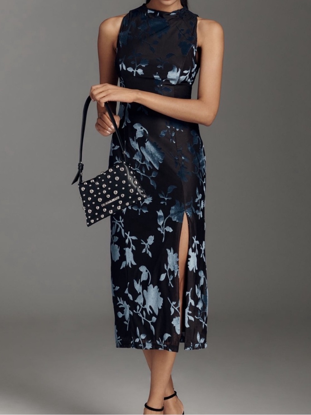 Hutch Darby Burnout Velvet Floral Midi Dress Blueberry Navy XS NWT